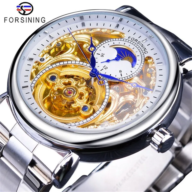 Forsining Top Brand Luxury Skeleton Automatic Mechanical Watch For Men Full Gold Steel Man Business Sun Moon Display Wristwatch | Наручные