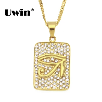 

Uwin The Eye of Horus Mens Necklace Full Iced Out Rhinestones Stainless Steel Pharaoh Wedjat Eye Gold Chain Hiphop Pendants