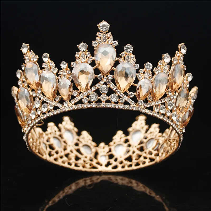 Потрясающая Серебряная кристальная полная круглая Корона невесты, роскошная свадебная диадема, корона для невесты, ювелирные украшения для волос, аксессуары - Окраска металла: Gold Yellow