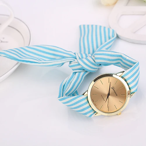 

Hot Sales Popular Personalized Girl's Geneva Striped Scarf Band Dial Analog Quartz Navy Style Wrist Watch NO181 5V1J