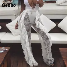 Sexy Women Beach High Waist Pants Genuo Mesh Lace Ruffles Sheer Wide Leg Pants Hot Sale Ladies Sexy Bikini Cover Up Trousers lace panel ruffles mesh sheer slip babydoll
