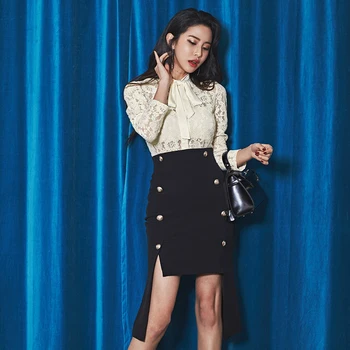 

New arrival women temperament lace perspective shirt comfortable lovely skirt fashion vintage high quality work style women set