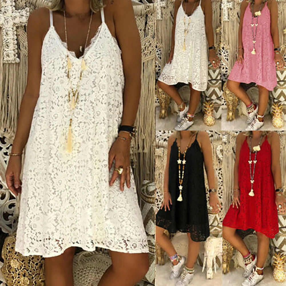 

Plus Size Women Summer Beach Dress 2019 Ladies Solid Lace Dress Sexy V-neck Strappy Sundress Casual Outdoor Mujer Beach Dress