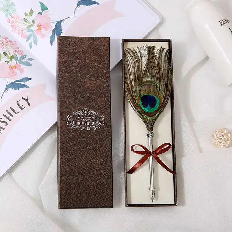 Creative Craft Vintage Feather Pen Vintage Carved Stainless Steel Felt Pen Signature Gift Peacock Feather Pen Set