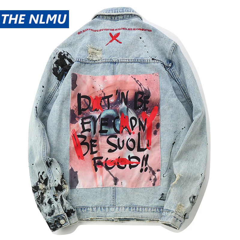 

Denim Jacket Men Hole Distressed Jeans Coat Hip Hop Print Jacket Streetwear 2019 Spring Autumn Tops for Male HA040