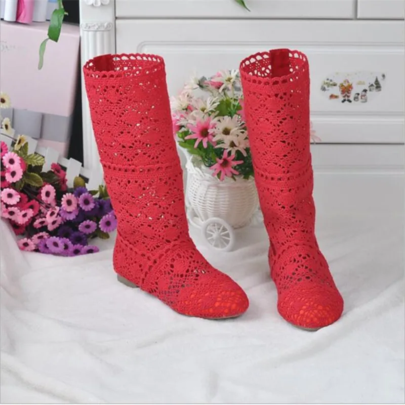 Femininas de Malha Botas de Malha de Fundo Botas de Renda Primavera e Outono Sapatos com Calçados Oca para Primavera e Outono Botas Plano Tubo Alto Baixo Femininas Respiráveis 2021 - 33 oca para primavera e outono, malha de