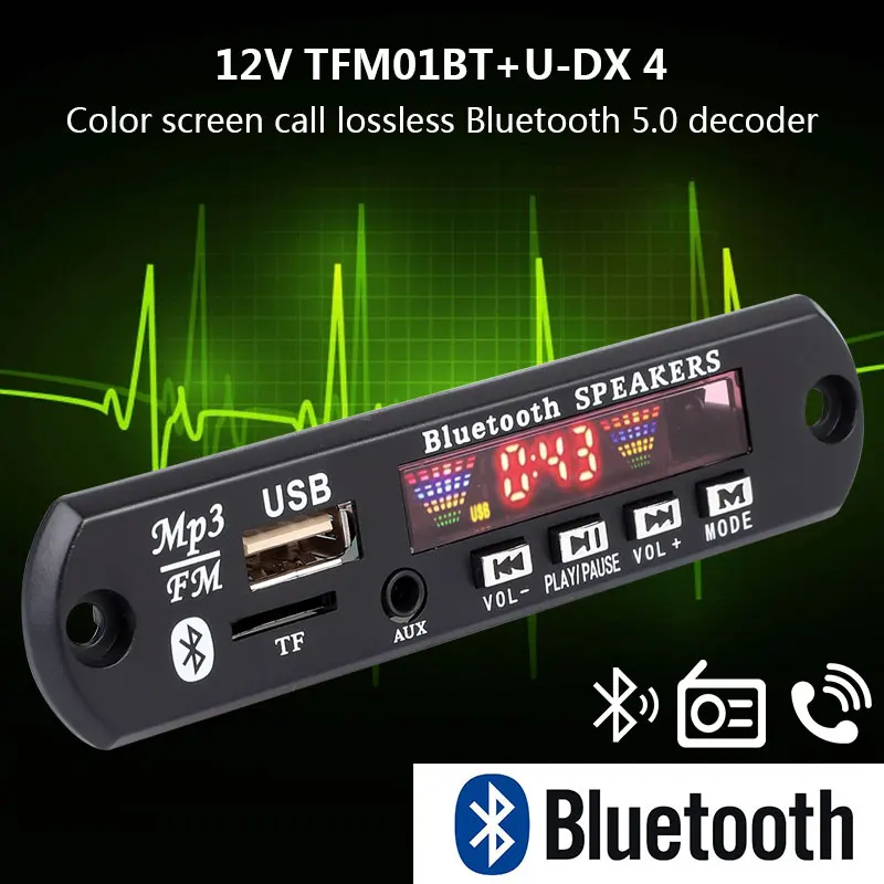 

Stereo MP3 Decoding Board APE FLAC Buletooth MP3 Decoder 12V FM Radio MP3 Decoding Module 4 Colors Screen Home Audio