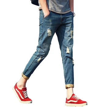 

FAVOCENT New men's jeans nine points Long pants spring and summer 2018 hole men's trousers torn jeans male sexy crime jeans HOT