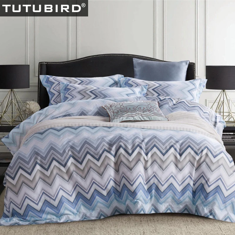 

European Egyptian Cotton ripple striped Bed linen sheet Geometric print modern bedding Set 4pcs pillow case cover hometextile