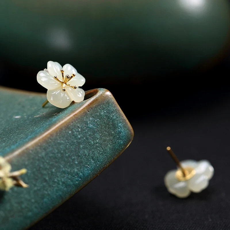 Настоящее 925 пробы серебро Природа Хотан Белый Нефрит слива цветок шпильки для женщин