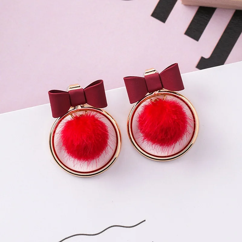 

Cute Bowknot Faux Fur Ball Earrings for Women Fashion Korean Heart Dangle Drop Earing Korean Jewelry Brinco Christmas Gift XE468
