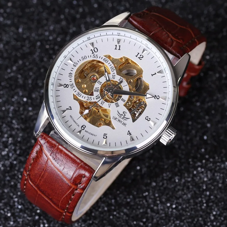 Men Brown Leather Band Mechanical Wristwatch