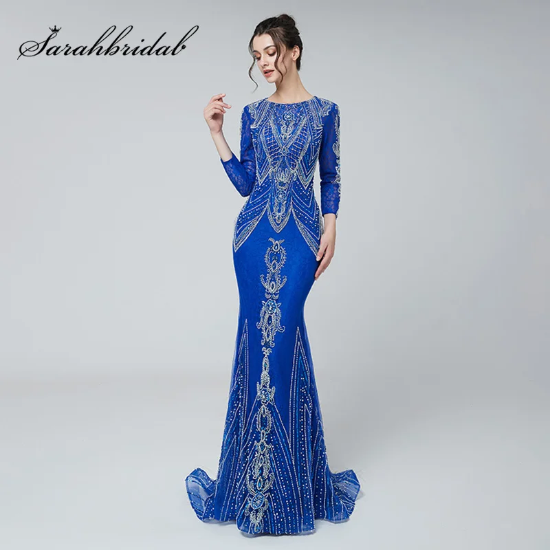 Formal Women Elegant Mermaid Evening Dresses Long Sleeve Luxury Beading Royal Blue Prom Party Gown Dubai Arabic Muslim Dress 485 Formal Women Elegant Mermaid Evening Dresses Long Sleeve Luxury Beading Royal Blue Prom Party Gown Dubai Arabic Muslim Dress 485