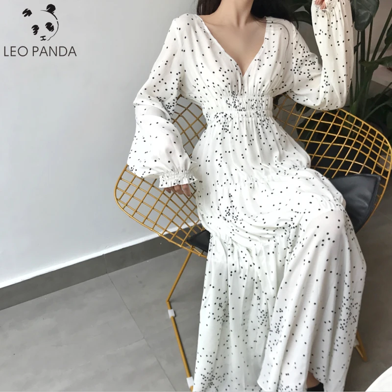 

Autumn Korean Chic Temperament Polka Dot Dress Women Clothing White Loose Long Dresses V-neck Female 2019 Fashion New Clothes
