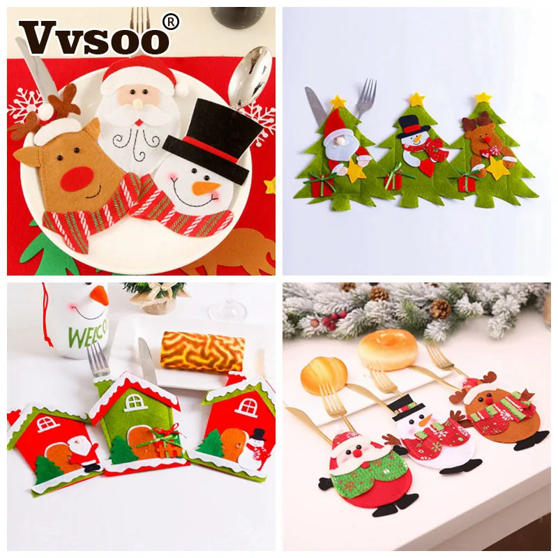 

Vvsoo 3Pcs/pack Christmas Decorations For Home Table Dinner Decor Cute Cutlery Suit Knife Folk Bag Holder Pockets Xmas Navidad