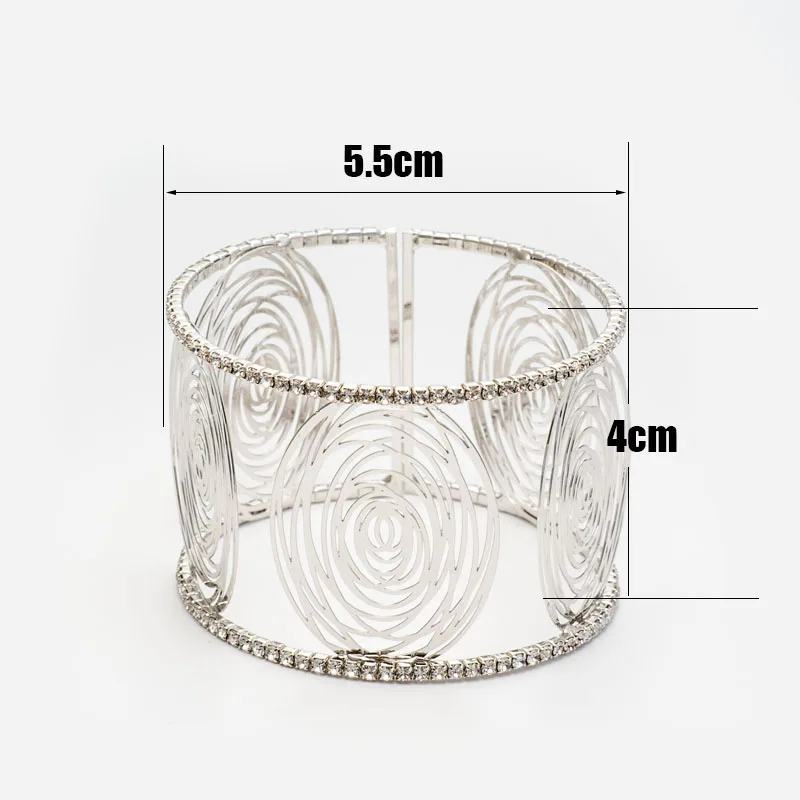 Fashion Wide Cuff Bracelets for Women Gold Color Metal Sparkly Crystal Rhinestone Round Flower Open Bangle Bracelet (4)