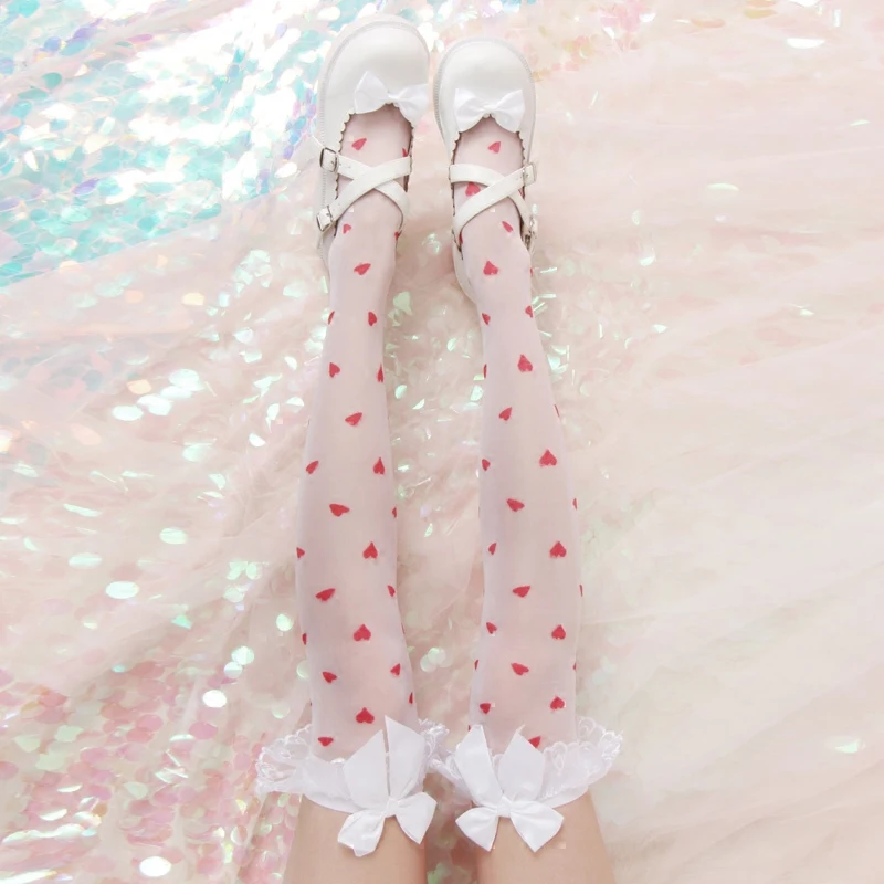 

Japanese Lolita Cute Heart and Dot Printing Stocking Lovely Big Bow Lace Thin Stocking Knee High Girls Sexy Thigh High Stocking