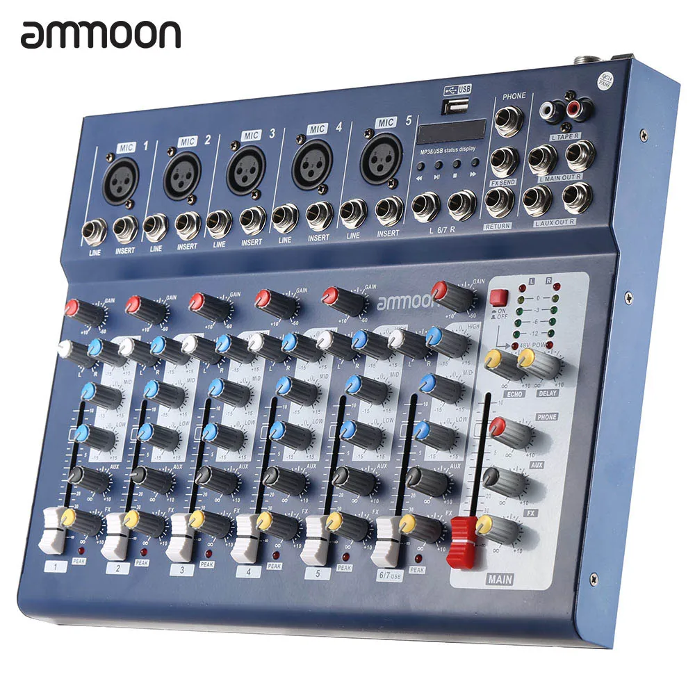 

ammoon F7-USB 7-Channel Digtal Mic Line Audio Sound Mixer Mixing Console with USB Input 48V Phantom Power 3 Bands Equalizer