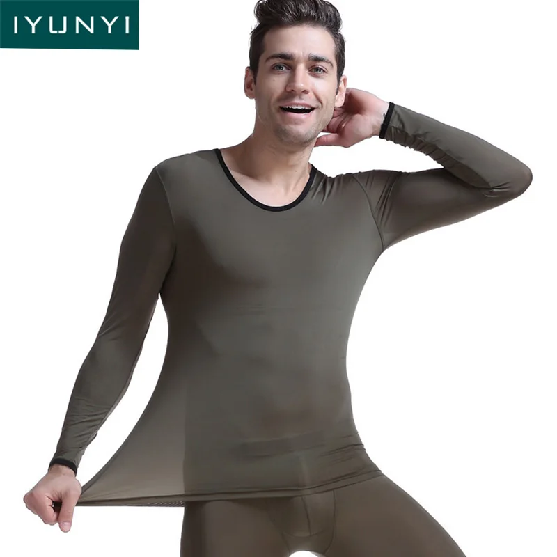 

IYUNYI Men Thermal Underwear Tops Ultra-thin Silky Translucent Pajamas Tops Men Male Thermo Underwear O-neck Compression Tops