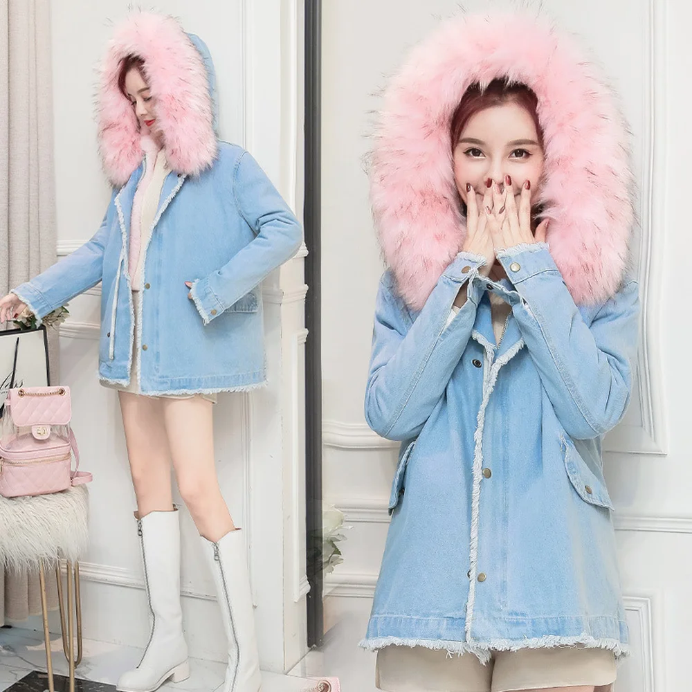 Lxunyi Denim Jeans Collar Manteau Femelle Automne White Dames Pink Collar Veste Bouton 2018 Femmes Hiver Féminin Capuchon Nouvelle beige Lâche Parka Fourrure Couvert À Poches De rq8rZFwxA