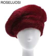 ROSELUOSI, осенне-зимние береты, шапка для женщин, сплошной цвет, мех кролика, вязаные шапки, Женская Толстая теплая Кепка boina Feminina