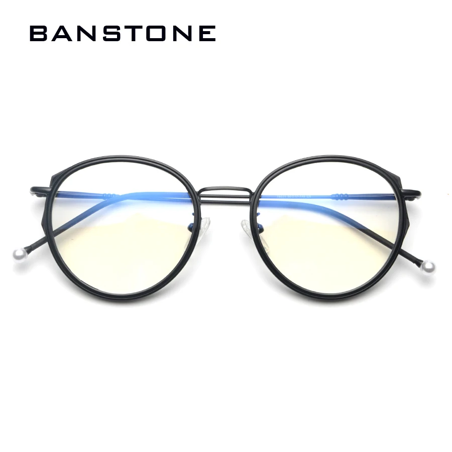 

BANSTONE New Vintage Pearl Decoration Plain Glasses Women Metal Frame Clear Lens Round Eyewear
