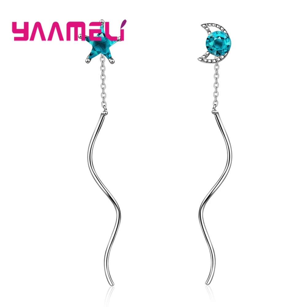 925 Sterling Silver Dangle Earring For Women Shiny Blue Star Top Quality Jewelry AAA+ Cubic Zirconia Wedding Present | Украшения и