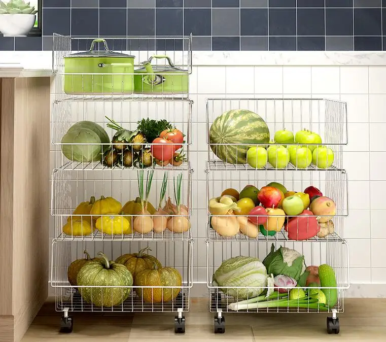 A stainless steel kitchen vegetable rack. A basket for household items. A multi-layer fruit and vegetable basket...013