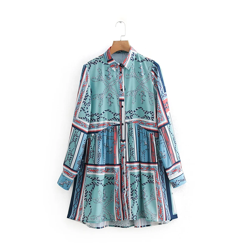 Women's Clothing Dress 2019 Cotton Turndown Collar Printed Long Sleeved Loose Dress Ms Summer Street Temperament Clothing