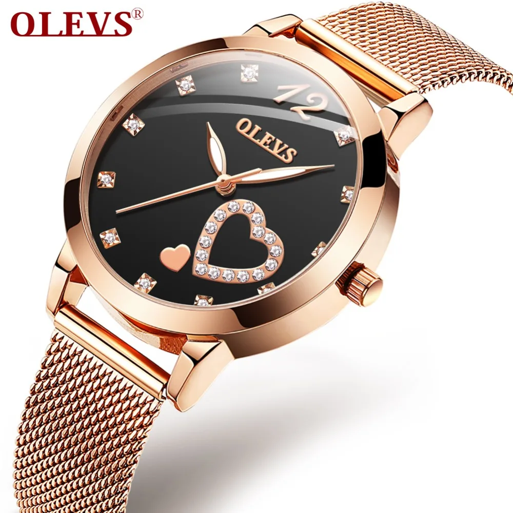 

OLEVS Rose Gold Watch Women Heart-shaped Black Ladies Top Brand Crystal Luxury luminous Wrist Watch Girl Clock bayan kol saati
