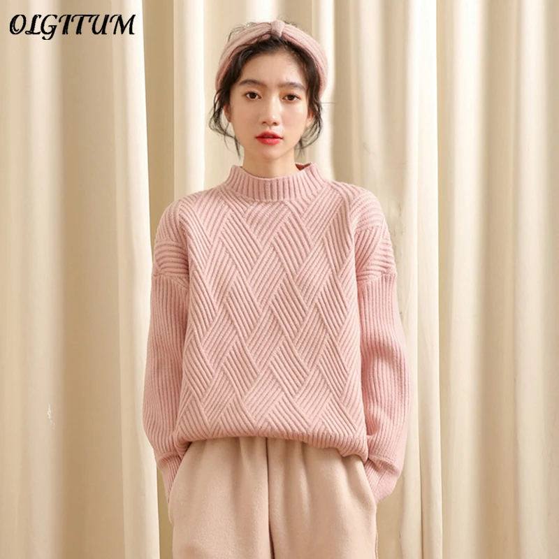 Chic Wind 2019 Fall Winter New Thick Half-high Collar Sweater Women Sweet Loose Pullovers Diamond Basic Knitted Cashmere Sweater Chic Wind 2019 Fall Winter New Thick Half-high Collar Sweater Women Sweet Loose Pullovers Diamond Basic Knitted Cashmere Sweater