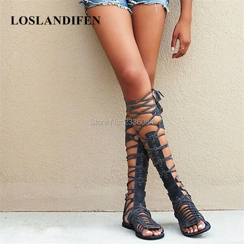 

2018 Boho Style Women's Back Zipper Open Toe Knee High Tall Lace Up Cut Out Roman Gladiator Flat Sandals Boots Shoes size 34-42