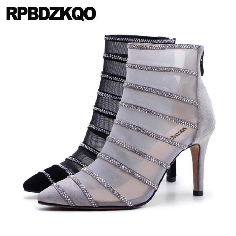 

Pointed Toe High Heel Designer Shoes Women Luxury 2018 Ankle Rhinestone Grey Mesh Stiletto Boots Booties Brand Sexy Sandals