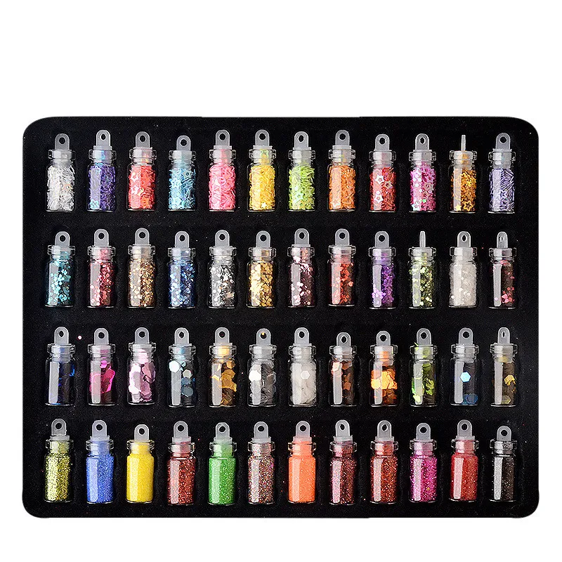 Kit de dijes de Arte de uñas con decoración de diamantes de imitación de 48 botellas que contienen arte de uñas al azar con lentejuelas y brillo de uñas en polvo conjunto