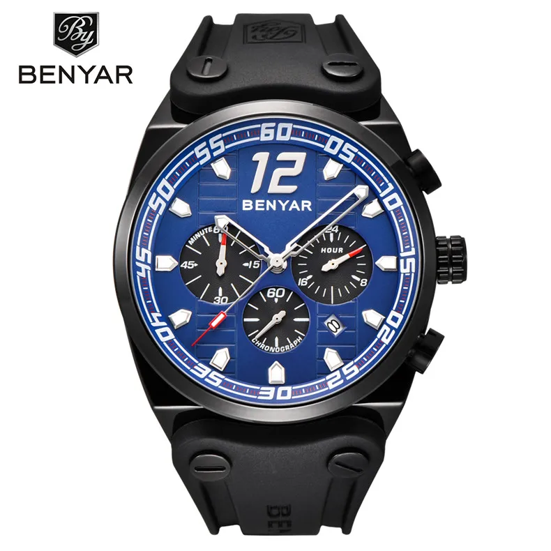 Новые BENYAR модные хронограф спортивные мужские часы лучший бренд класса люкс силиконовые кварцевые военные часы Relogio Masculino - Цвет: black blue B