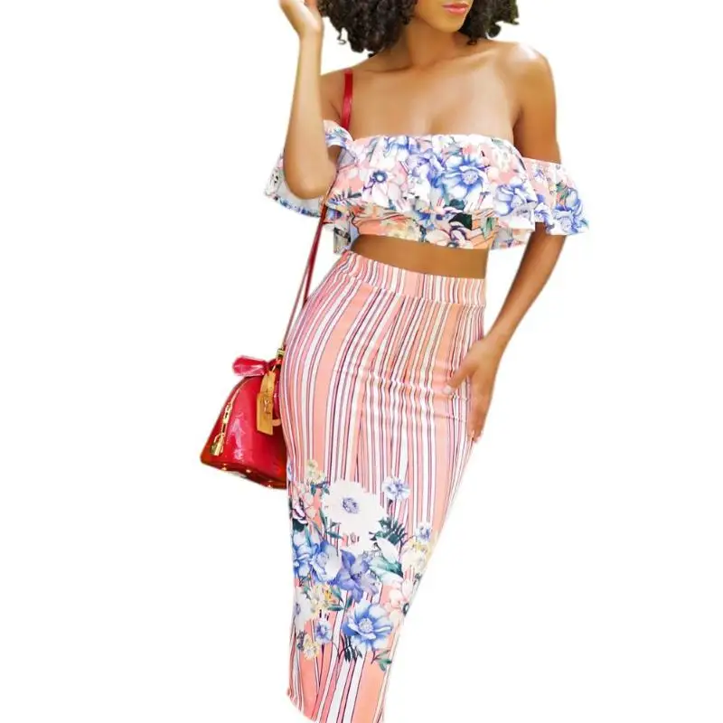 

2pcs Summer Sexy Women Elegant Print Floral Set 2018 Fashion Ruffle Off Shoulder Top Empore High Waist Slit Mini Short Skirt