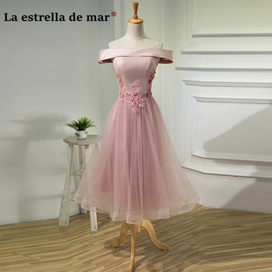 

Vestido boda mujer invitada new Off the Shoulder short sleeve A Line Navy Blue Silver blush pink bridesmaid dresses Tea Length