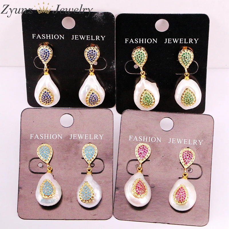 5Pairs, Fashion Earrings CZ Micro Pave Nature Pearl Gold Color Drop Dangle Earring
