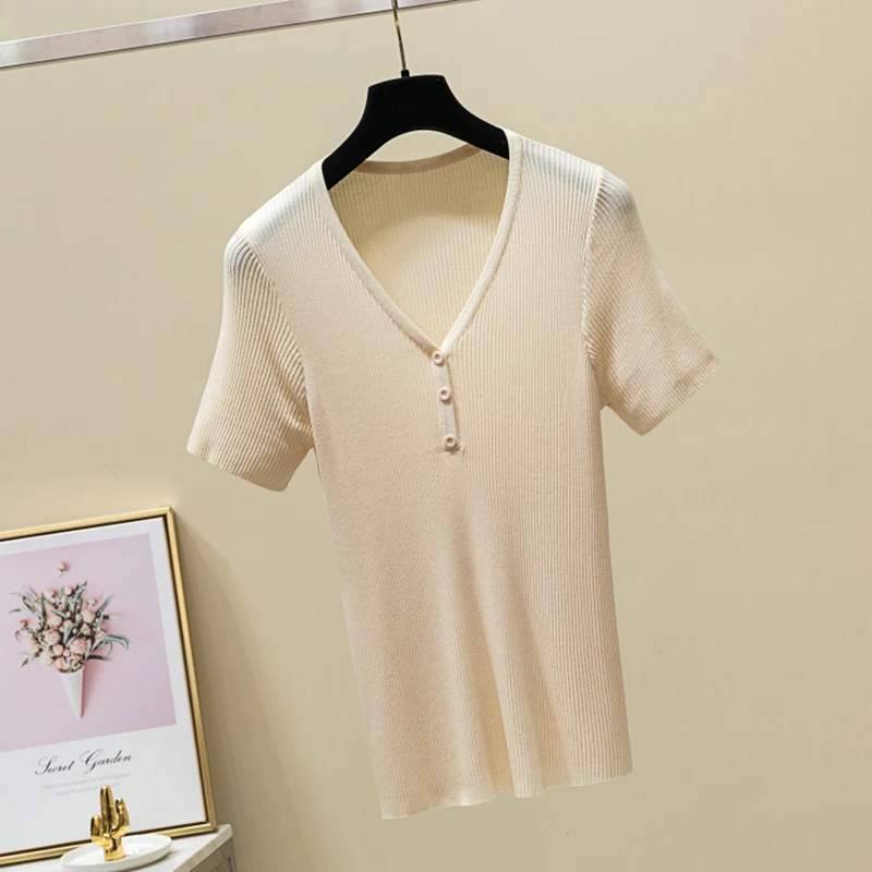 Shintimes, летняя повседневная трикотажная футболка на пуговицах, женская футболка с коротким рукавом, одноцветная футболка, сексуальные топы с v-образным вырезом, 6 цветов, женская футболка