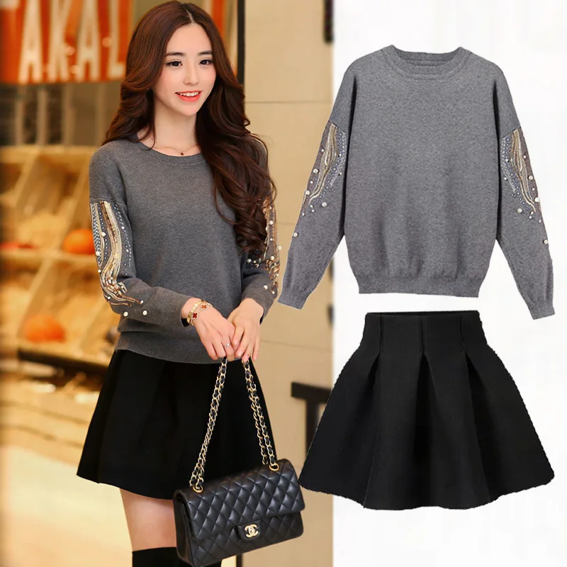 Image 2016 spring new women s two piece suit skirt fashion Skirts and knit sweaters