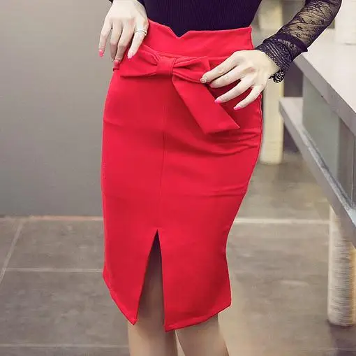 Mujeres Nuevo 2017 de La Moda Falda Alta de La Cintura Bowknot Hendidura Lap delgado Bodycon Pencil Skirt Envío de la Alta Calidad Precio Barato S-5XL