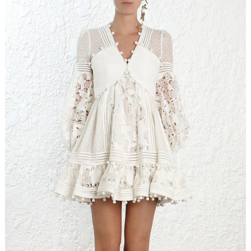 

High Quality ZIM Designer Runway Dress Women Sexy V Neck Embroidery Dress Female Lantern Sleeve Ruffles Lace Dresses Holiday Par