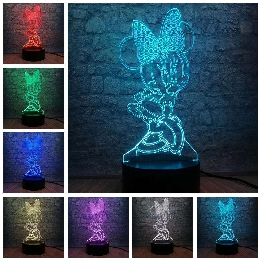 3D светодиодный светильник для спальни с изображением Минни Микки, настольный ночник, 7 цветов, лампа для украшения детской спальни, подарок для детей, Прямая поставка