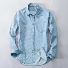 2017 New High Quality linen Long Sleeve Casual Shirt Slim Denim Shirts Men Solid Color Jeans Shirts Dress Blue Shirt male L55