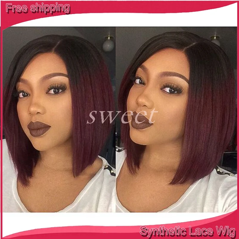 Ombre Bob Wig Synthetic Heat Resistant 1b 99j Burgundy Red Short