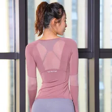 Новинка, женская рубашка для йоги, весна-осень, спортивные рубашки с длинным рукавом, быстросохнущая футболка, комбинированные сетчатые колготки, тонкая одежда для фитнеса