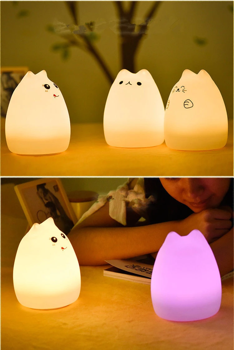 Симпатичные Красочные Cat светодиодный силиконовые ночник сенсорный Сенсор Перезаряжаемые свет 2 режима детей Спальня ночника подарок на