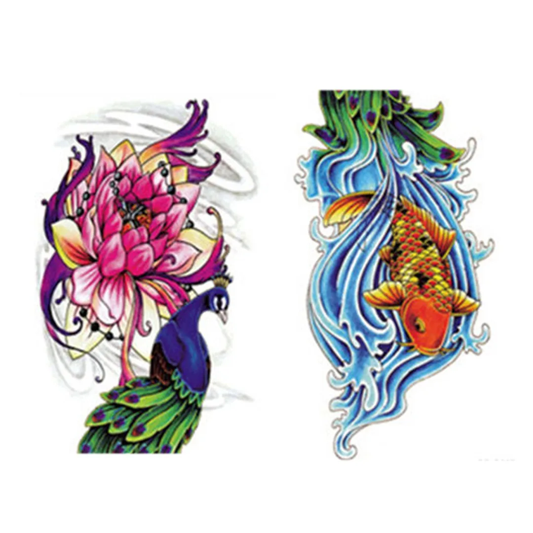 Shellhard 1PC New Waterproof Sweatproof Temporary Tattoo Sticker Fish Peacock Lotus Body Full Arm Large Tattoo Sticker
