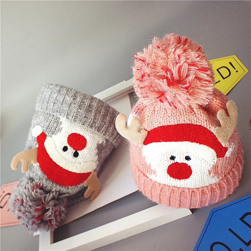 Рождественские теплые зимние вязаные шерстяные шапки в стиле бини для маленьких девочек и мальчиков, вязаные крючком рождественские шапки с изображением оленя, От 1 до 3 лет
