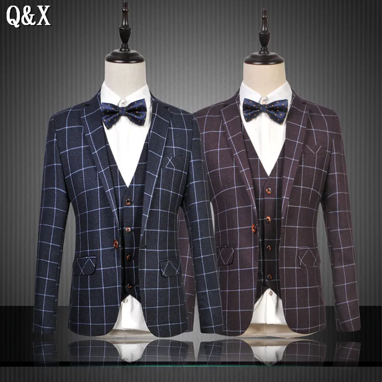 

MS55 2017 New Arrival Man Suit Handsome Single-breasted Notched Lapel Three Pockets Damier Check Dinner Suit (jacket+pants+vest)